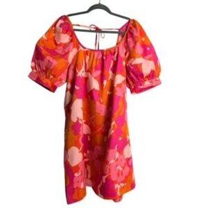 Free Assembly Puff Sleeve Tie-Back Mini Dress – Pink/Orange Floral – Size Large